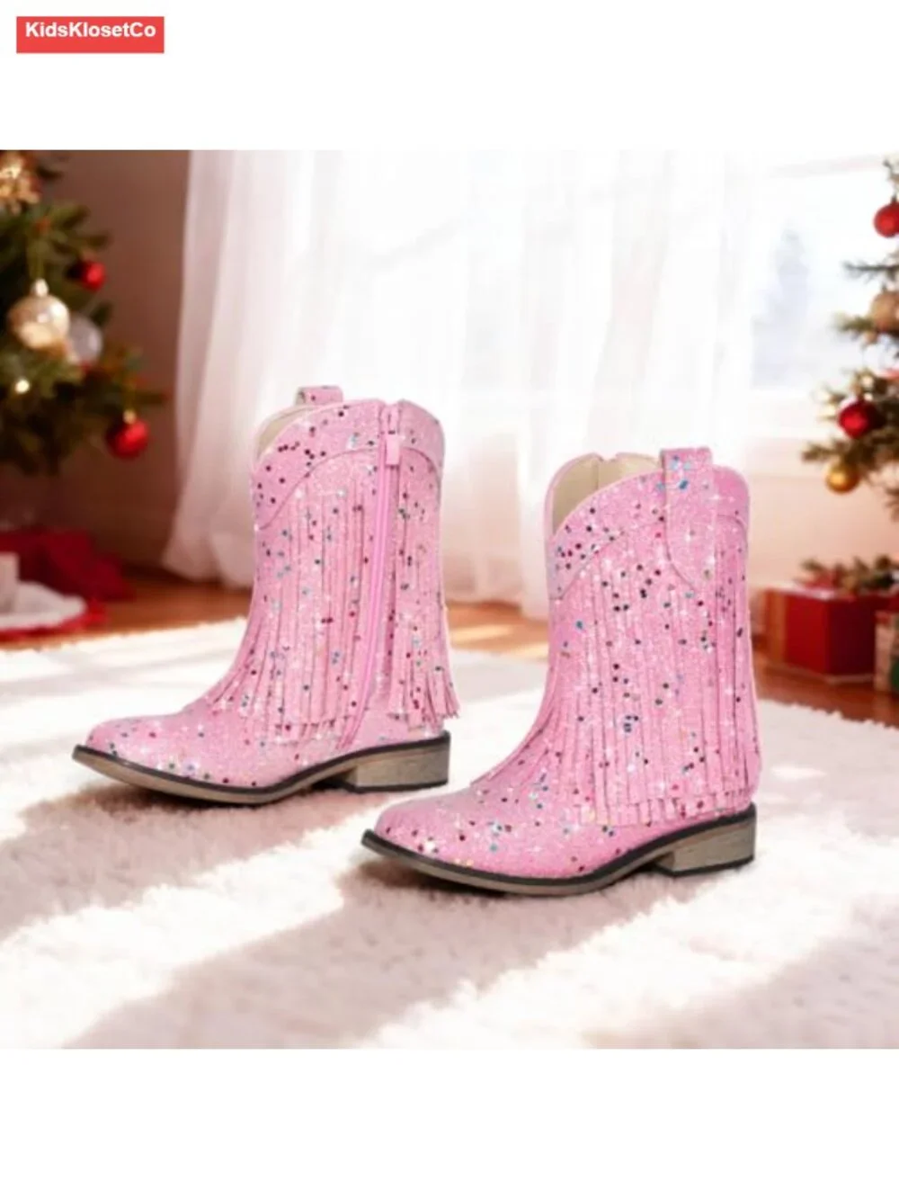 Kids Glitter Fringe Cowgirl Boots Square Toe Sparkle Boots with Zipper